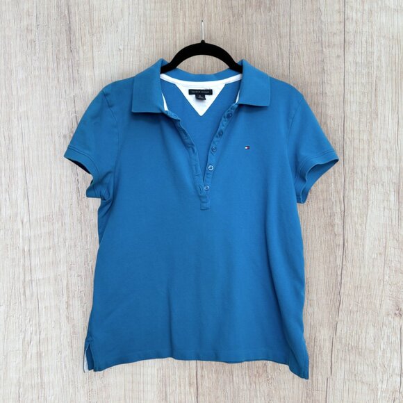 TOMMY HILFIGER Vintage Y2K Turquoise Blue Pique Polo Short Cap Sleeve Shirt M - Picture 1 of 5